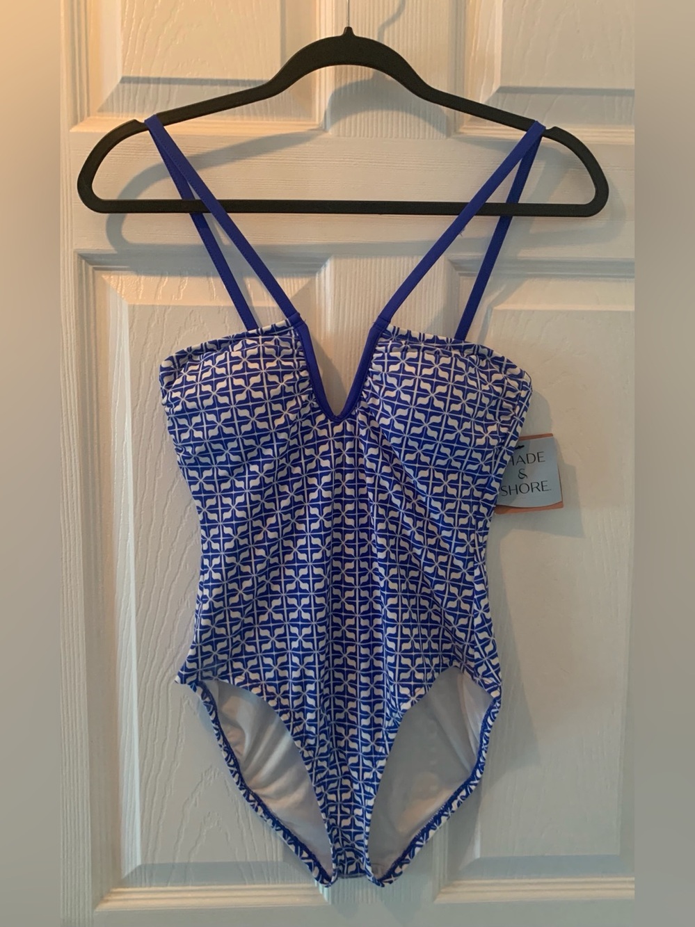 Shade & Shore Blue & White Geo Print One-Piece Swimsuit• Sz S (4-6) • NWT